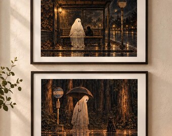 Ghost Wall Art Set of 2, Black Cat Rainy Night Prints, Moody Spooky Decor (Unframed)