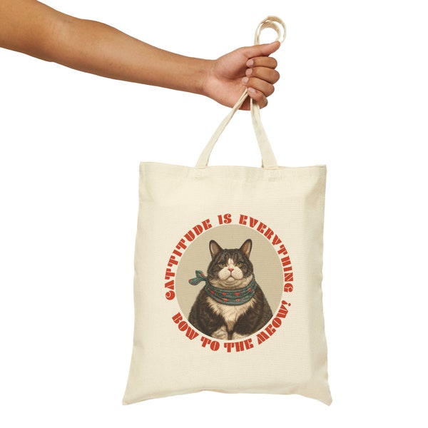 Cattitude is Everything Canvas Bag, Bow to the Meow Tote, Floral Bandana Tabby Carryall, Feline Chic Shopping Bag