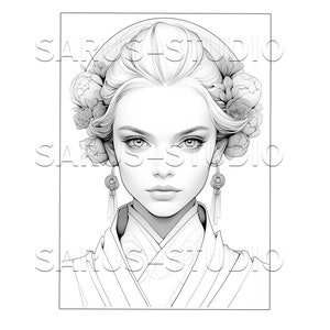 Premium Coloring Page, Grayscale Coloring Page, Printable Adult Women Coloring Pages, Instant Download, JPEG, PDF, Elegant Beauties 1