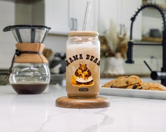 Mama Bear Glass Can Tumbler with Lid & Straw, Personalized Mother's Day Gift