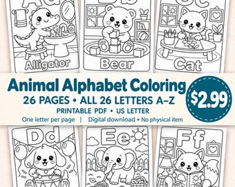 Animal Alphabet Coloring Pages A-Z, 26 Printable Preschool Pages, PDF