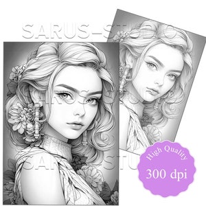 Premium Coloring Page, Grayscale Coloring Page, Printable Adult Women ...