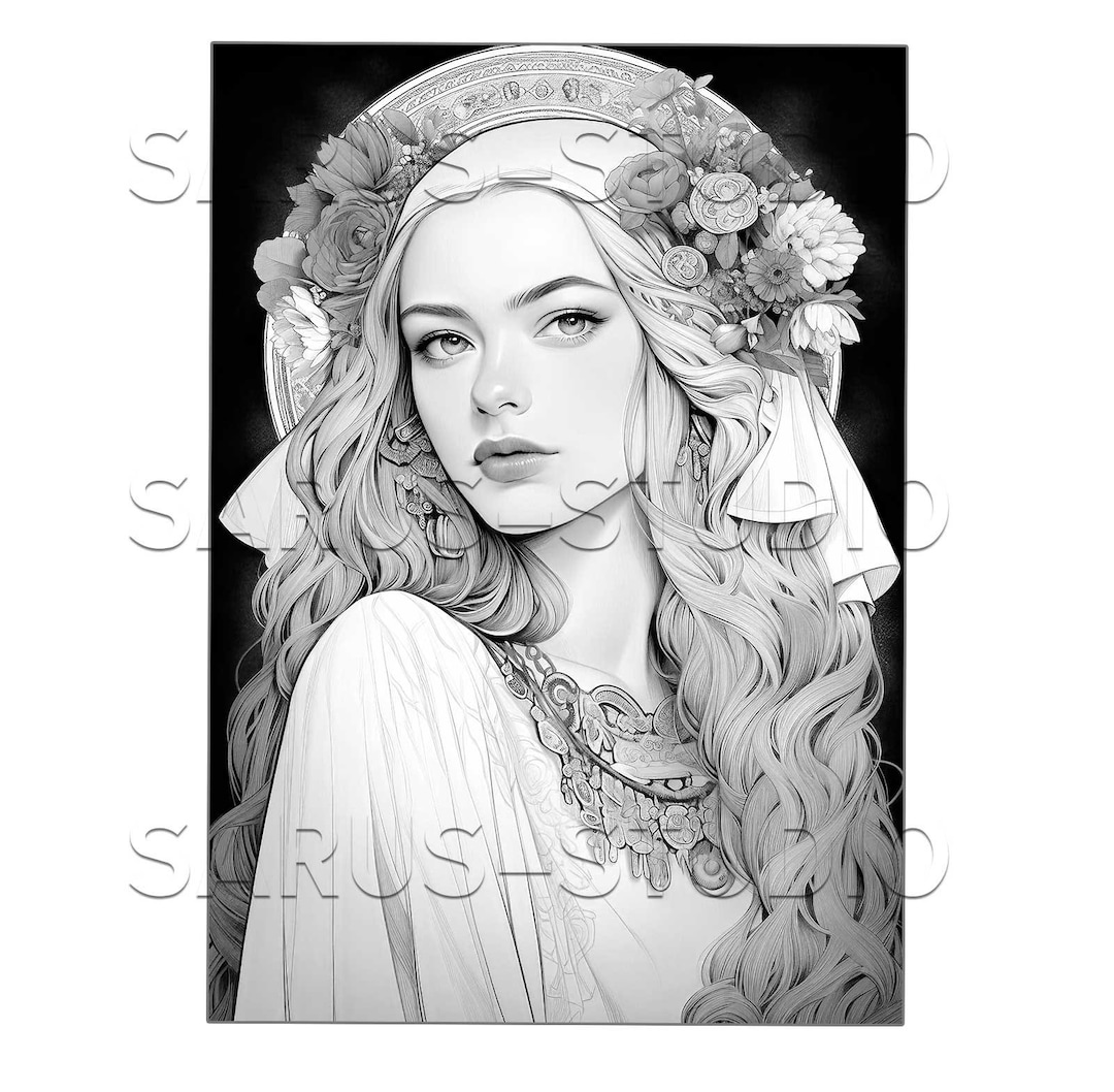 Premium Coloring Page, Grayscale Coloring Page, Printable Adult Women ...