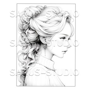 Premium Coloring Page, Grayscale Coloring Page, Printable Adult Women Coloring Pages, Instant Download, JPEG, PDF, Elegant Beauties 1