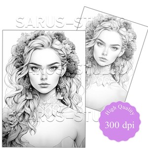 Premium Coloring Page, Grayscale Coloring Page, Printable Adult Women ...