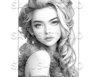 Premium Coloring Page, Grayscale Coloring Page, Printable Adult Women Coloring Pages, Instant Download, JPEG, PDF. Serendipity 1