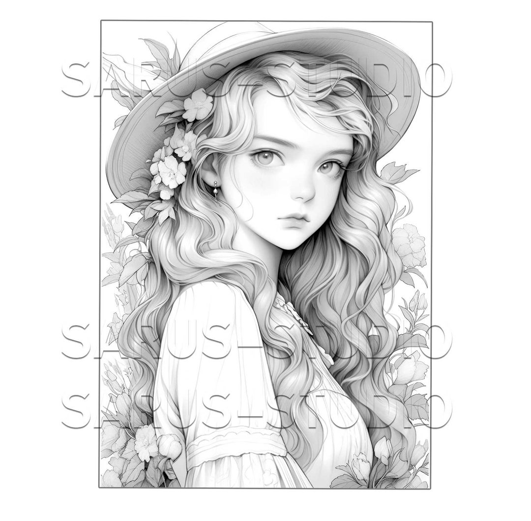 Premium Coloring Page, Grayscale Coloring Page, Printable Adult Women ...