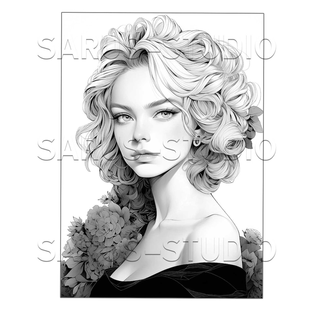 Premium Coloring Page, Grayscale Coloring Page, Printable Adult Women ...
