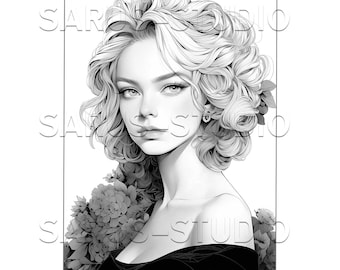 Grayscale Portrait Coloring Page for Adults (JPEG, PDF)