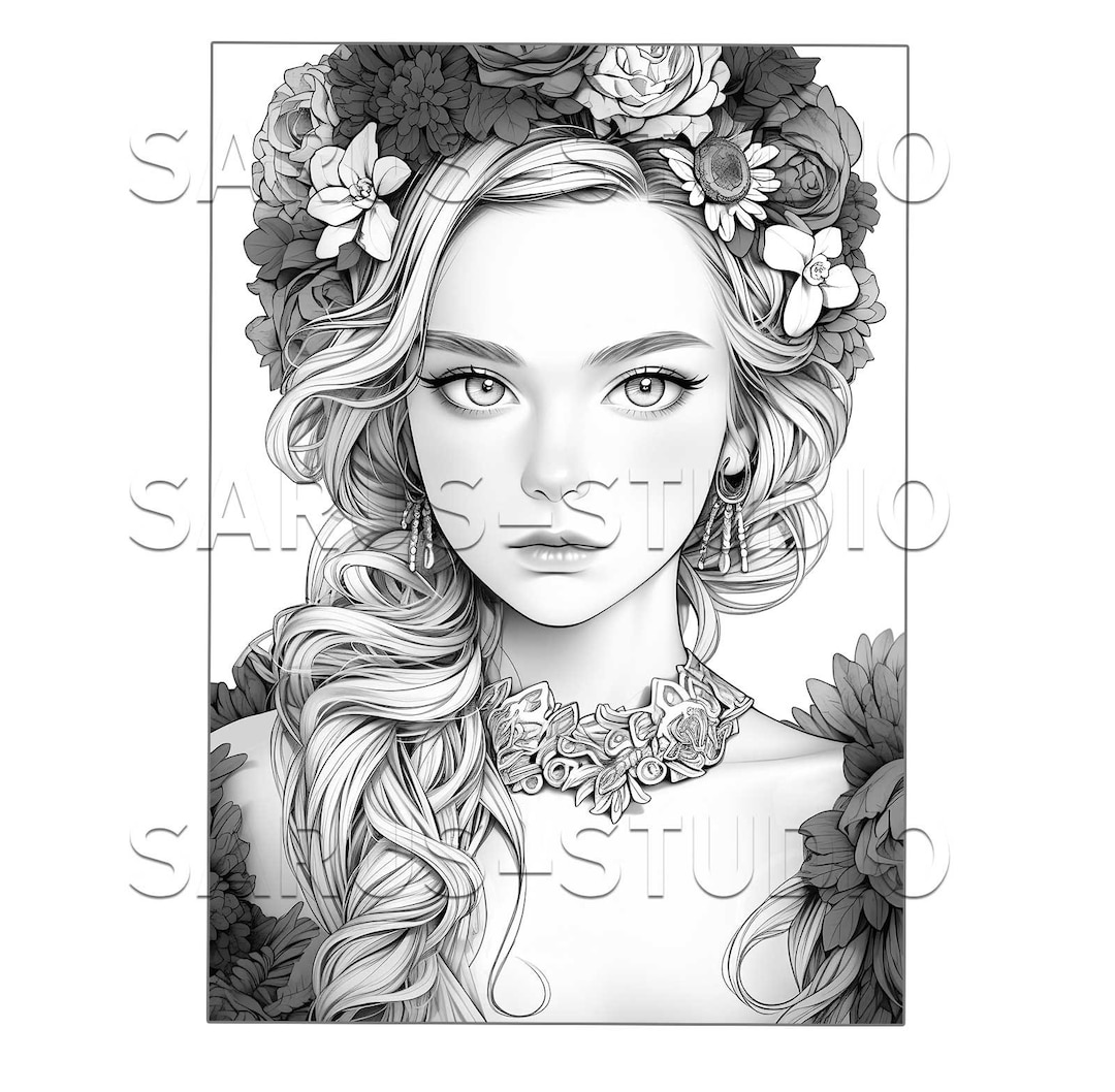 Premium Coloring Page, Grayscale Coloring Page, Printable Adult Women ...