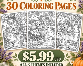 Cozy Cottage Witch Coloring Pages, 30 Printable Scenes, US Letter PDF