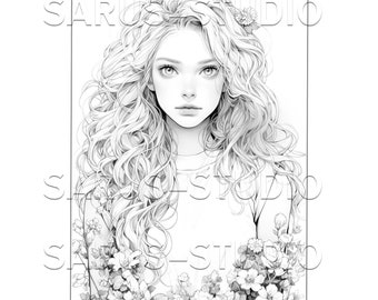 Premium Coloring Page, Grayscale Coloring Page, Printable Adult Women Coloring Pages, Instant Download, JPEG, PDF. Serendipity 1