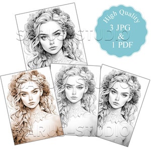 Premium Coloring Page, Grayscale Coloring Page, Printable Adult Women ...