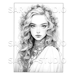 Premium Coloring Page, Grayscale Coloring Page, Printable Adult Women Coloring Pages, Instant Download, JPEG, PDF. Serendipity 1