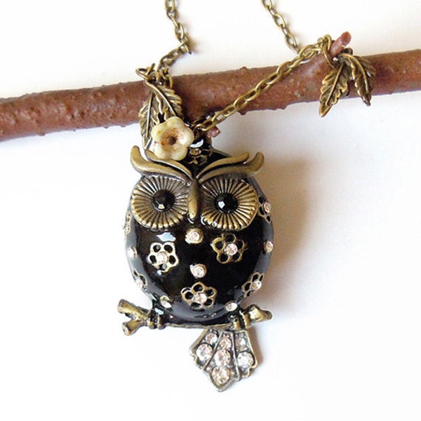 Black Chubby Owlette--- Owl Necklace - Antique Bronze Style Black Owl.Christmas gift