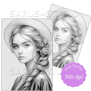 Premium Coloring Page, Grayscale Coloring Page, Printable Adult Women Coloring Pages, Instant Download, JPEG, PDF. Serendipity 1
