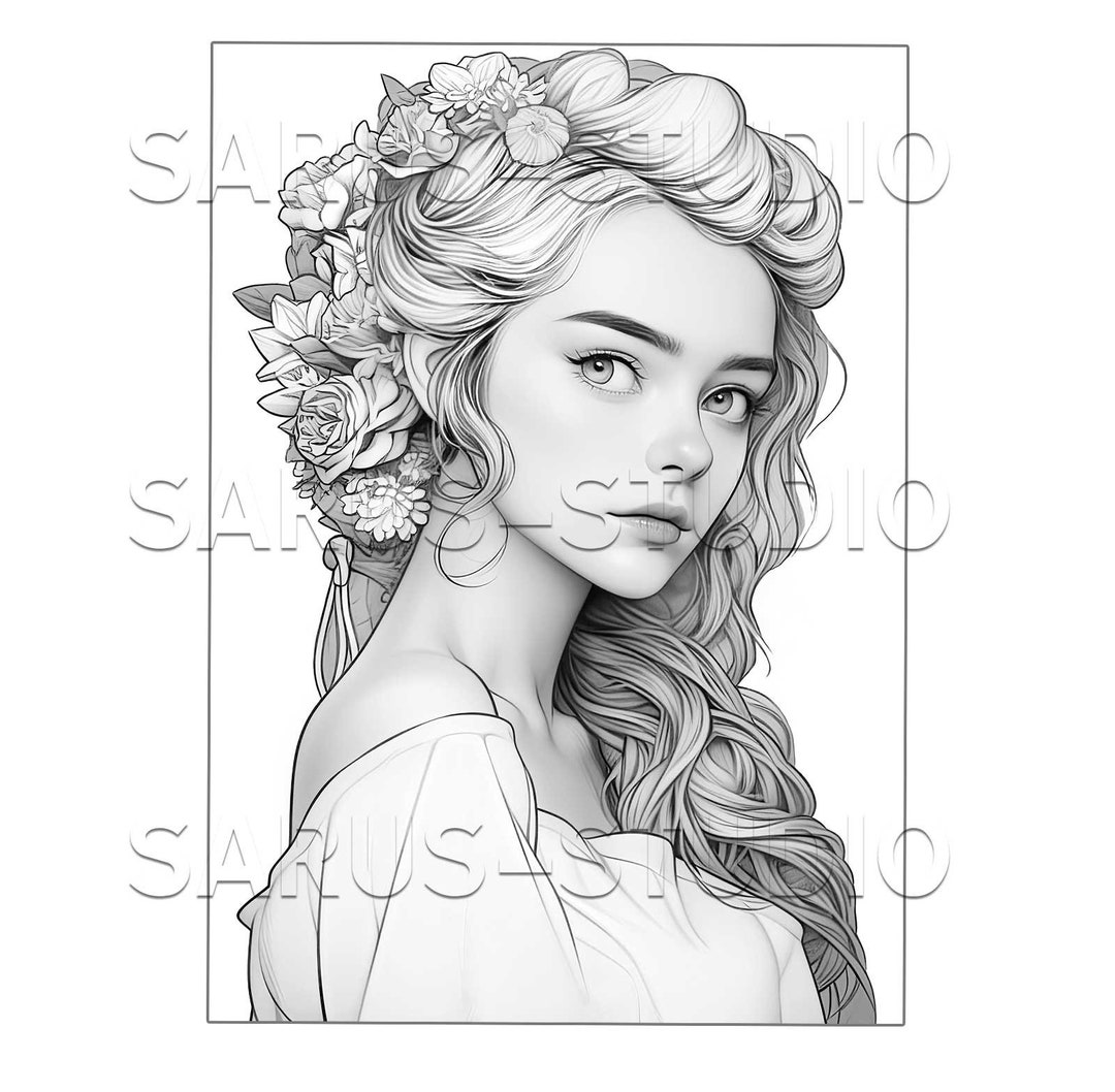 Premium Coloring Page, Grayscale Coloring Page, Printable Adult Women ...