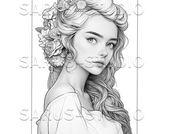 Premium Coloring Page, Grayscale Coloring Page, Printable Adult Women Coloring Pages, Instant Download, JPEG, PDF. Serendipity 1