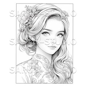 Elegant Woman Grayscale Coloring Page, A3 Printable (PDF, JPG)