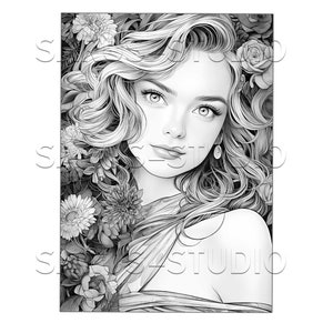 Premium Coloring Page, Grayscale Coloring Page, Printable Adult Women Coloring Pages, Instant Download, JPEG, PDF. Serendipity 2