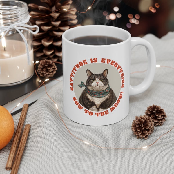 Cattitude is Everything Mug, Bow to the Meow Coffee Cup, Tabby Cat with Bandana Drinkware, Feline Attitude Tea Mug