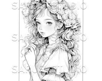 Premium Coloring Page, Grayscale Coloring Page, Printable Adult Women ...