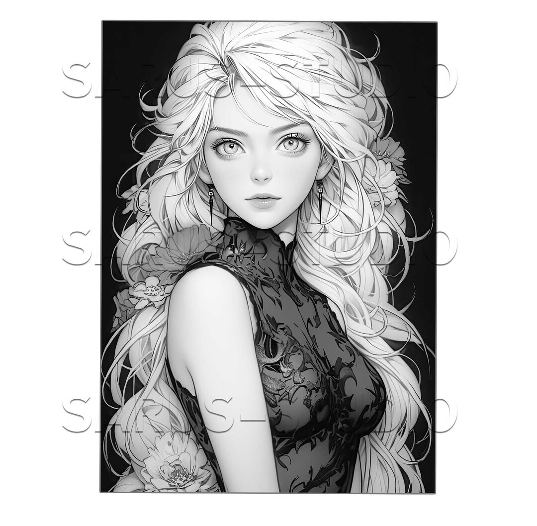 Premium Coloring Page, Grayscale Coloring Page, Printable Adult Women ...