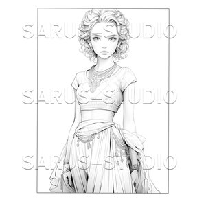 Premium Coloring Page, Grayscale Coloring Page, Printable Adult Women Coloring Pages, Instant Download, JPEG, PDF, Elegant Beauties 1