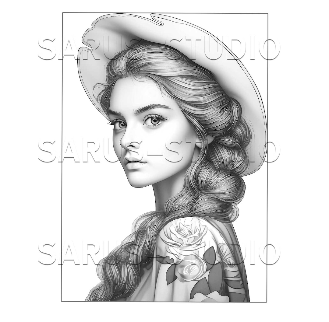 Premium Coloring Page, Grayscale Coloring Page, Printable Adult Women ...