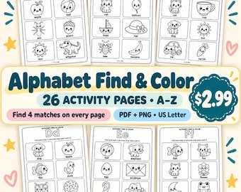 Alphabet Find and Color Worksheets A-Z, 26 Printable Activities, PDF