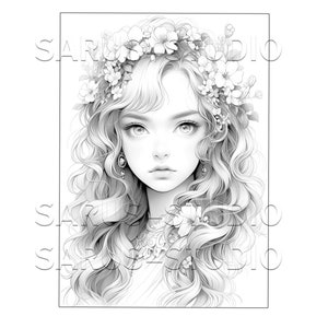 Premium Coloring Page, Grayscale Coloring Page, Printable Adult Women Coloring Pages, Instant Download, JPEG, PDF. Serendipity 1