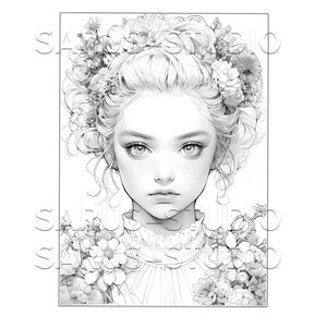 Premium Coloring Page, Grayscale Coloring Page, Printable Adult Women Coloring Pages, Instant Download, JPEG, PDF. Serendipity 1