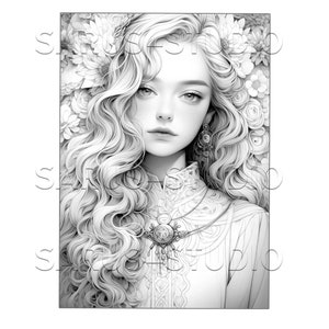 Premium Coloring Page, Grayscale Coloring Page, Printable Adult Women Coloring Pages, Instant Download, JPEG, PDF. Serendipity 1