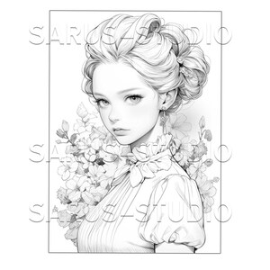 Premium Coloring Page, Grayscale Coloring Page, Printable Adult Women Coloring Pages, Instant Download, JPEG, PDF. Serendipity 1