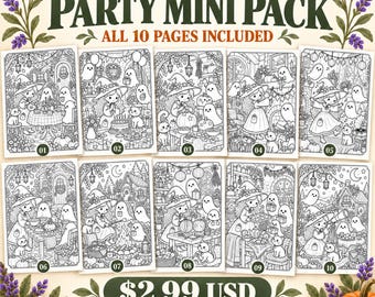 Cute Witch Coloring Pages, 10 Magical Party Scenes, Printable PDF