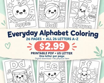 Everyday Objects Alphabet Coloring Pages A-Z, 26 Printable Pages, PDF