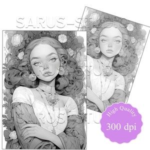 Premium Coloring Page, Grayscale Coloring Page, Printable Adult Women Coloring Pages, Instant Download, JPEG, PDF, Elegant Beauties 1