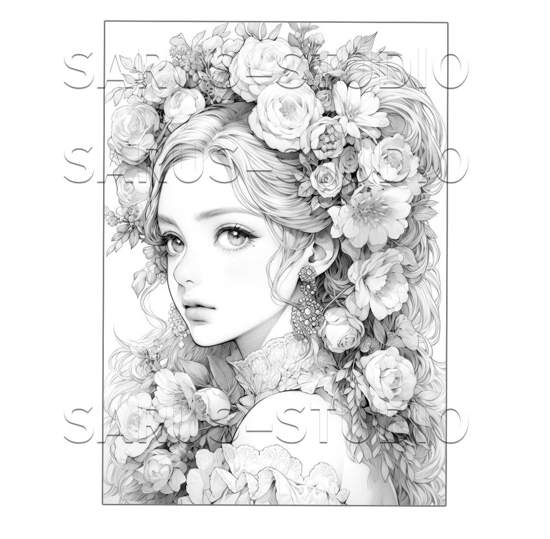 Premium Coloring Page, Grayscale Coloring Page, Printable Adult Women ...