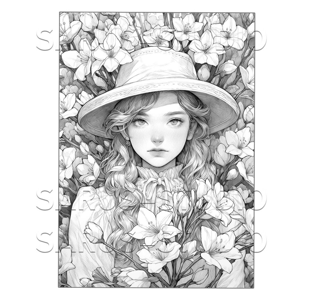Premium Coloring Page, Grayscale Coloring Page, Printable Adult Women ...