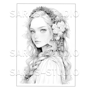 Elegant Woman Grayscale Coloring Page, A3 Printable (PDF, JPEG)