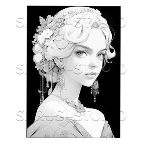 Premium Coloring Page, Grayscale Coloring Page, Printable Adult Women Coloring Pages, Instant Download, JPEG, PDF, Elegant Beauties 1