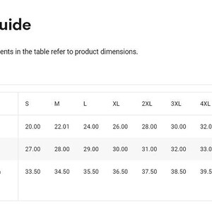 May include: Size chart for clothing in inches. The chart shows the width, length, and sleeve length of shirts in sizes S through 5XL.