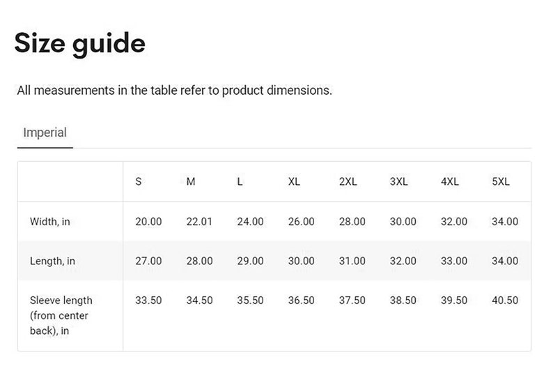 May include: Size chart for clothing in inches. The chart shows the width, length, and sleeve length of shirts in sizes S through 5XL.