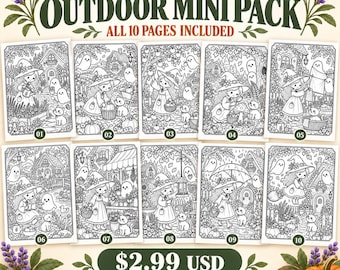 Cozy Witch Coloring Pages, 10 Magical Garden Scenes, Printable PDF