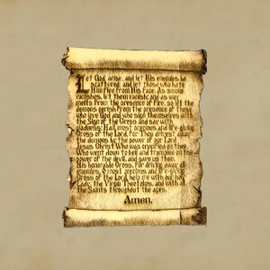 Peut inclure: Un parchemin ancien avec des bords usés et du texte dans une police vintage. Le texte comprend des phrases religieuses et le mot "Amen" en bas. Le parchemin est de couleur brun clair.
