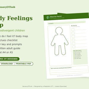 Puede incluir: Una hoja de trabajo PDF imprimible Body Feelings Map para niños con un diseño en verde y blanco. El documento incluye un contorno humano central, una sección de clave de color, una lista de verificación de pistas corporales y líneas para escribir.