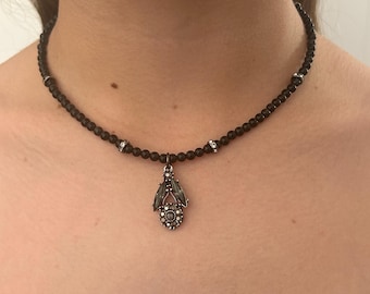 Obsidian beaded necklace with pendant