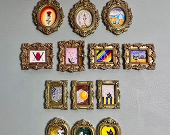 Antieke ingelijste miniatuurkunstprints | Katten, eenden, anime-thema's