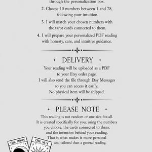 May include: An informational graphic titled HOW IT WORKS Tarot Premium Reading. It outlines a process involving choosing 10 numbers between 1 and 78 for a PDF reading. It includes delivery details and a note. At the bottom, two hands hold tarot cards.