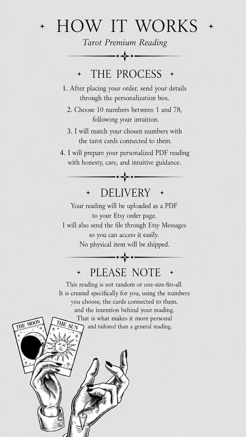 May include: An informational graphic titled HOW IT WORKS Tarot Premium Reading. It outlines a process involving choosing 10 numbers between 1 and 78 for a PDF reading. It includes delivery details and a note. At the bottom, two hands hold tarot cards.